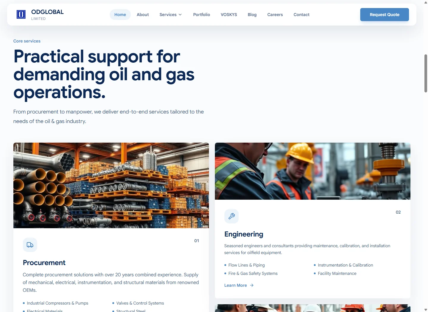 ODGLOBAL service cards pairing procurement and engineering imagery with descriptions and links