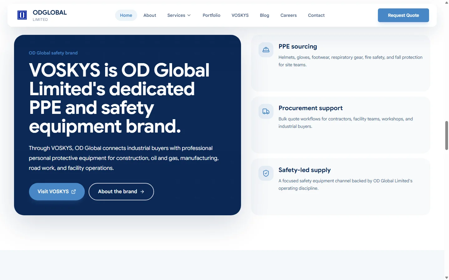 ODGLOBAL website introducing VOSKYS as its dedicated safety equipment brand