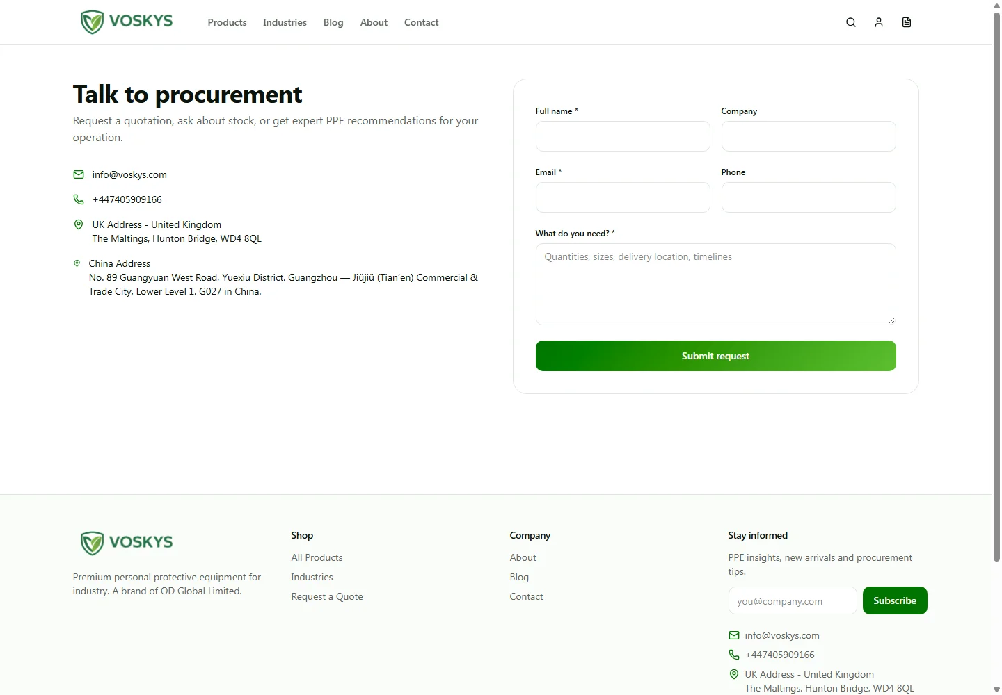 Voskys website contact page showing enquiry information and a form